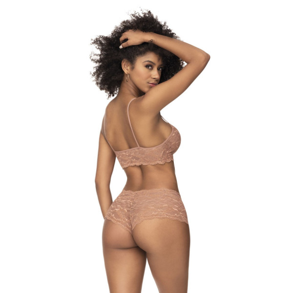Ensemble 2 pièces en dentelle, top à bretelles et shorty couleur taupe 
